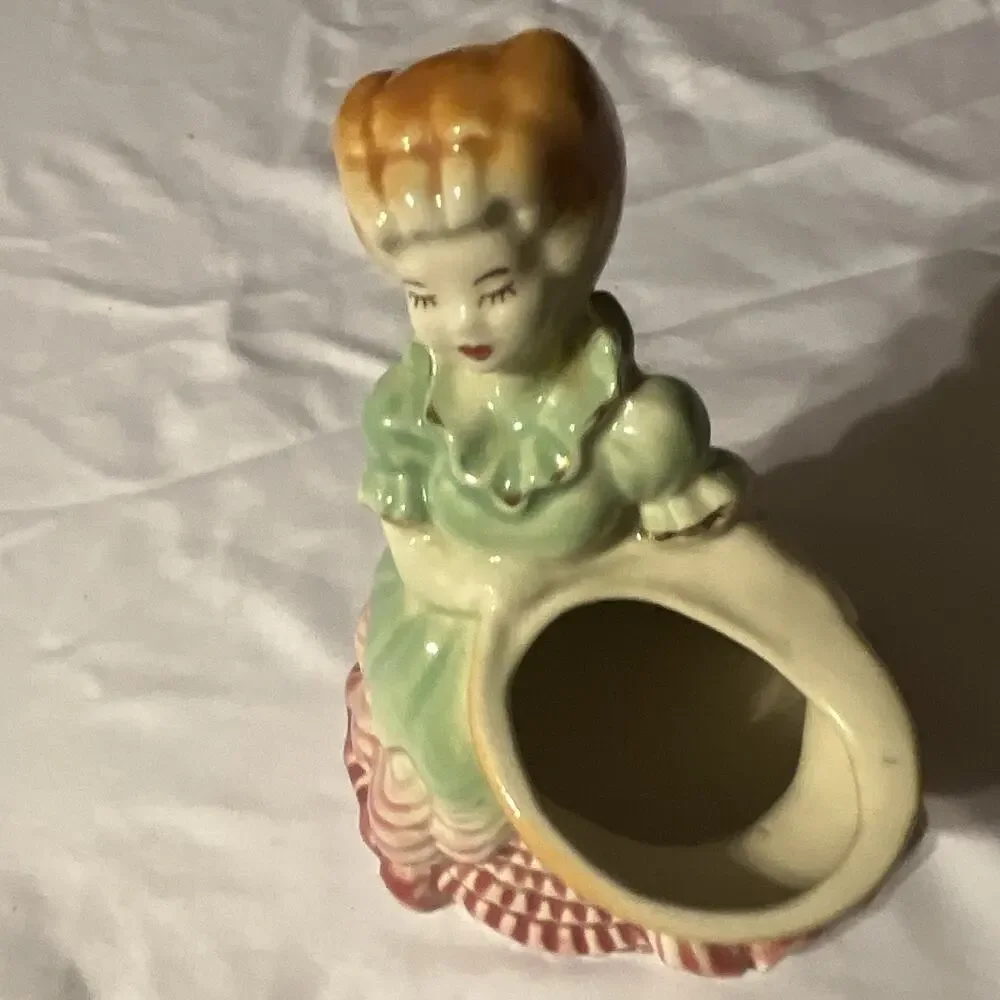 Vintage Ceramic Woman Figurine Bud Vase, Green Dress Pink Base, Small Gloss 6 in